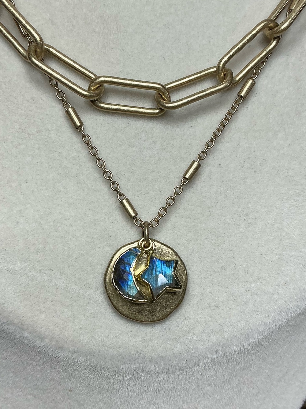 ๐ Celestial Glow | Labradorite Moon & Star Double Gold Chain Necklace - Picture 5 of 8